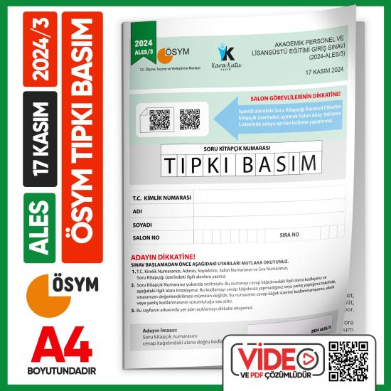 ALES 2024/3 (KASIM) ÖSYM Tıpkı Basım Çıkmış Soru Deneme Kitapçığı Video/PDF Çözümlü Türkiye Geneli