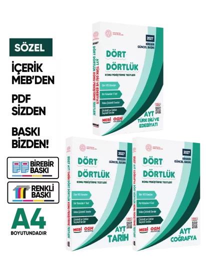 2027 YKS-AYT MEBİ-OGM Dört Dörtlük SÖZEL Pekiştirme Soru Bankası Çözümlü Set BASKI ÜCRETİ A4 Renkli 2027 YKS-AYT MEBİ-OGM Dört Dörtlük SÖZEL Pekiştirme Soru Bankası Çözümlü Set BASKI ÜCRETİ A4 Renkli